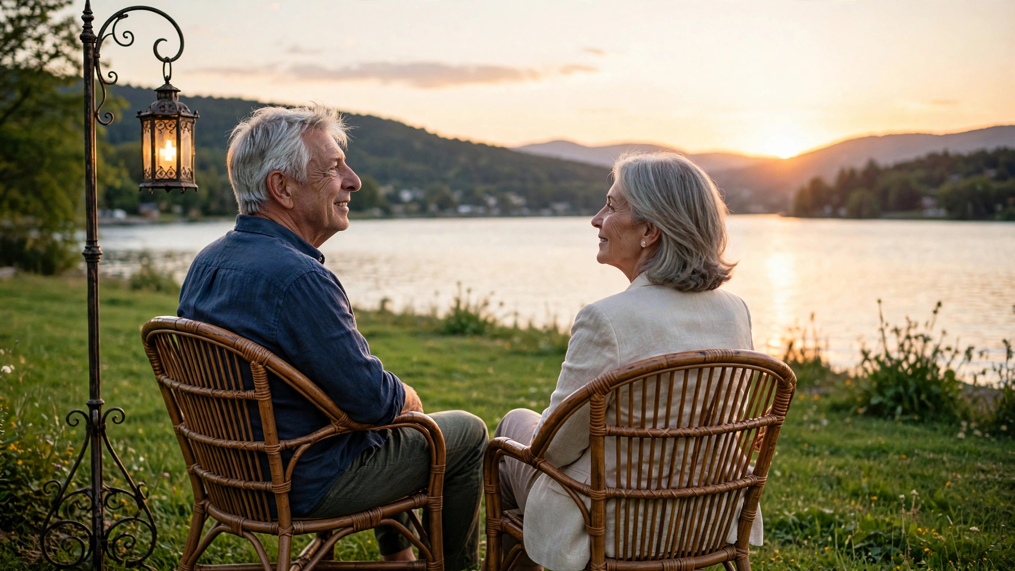 Pareja de adultos mayores conversando y sonriendo frente a un lago al atardecer